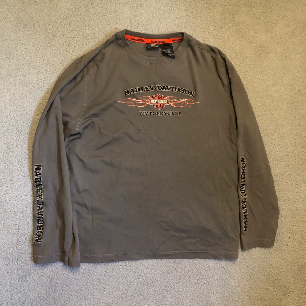 VTG Harley-Davidson Long Sleeve Light Crewneck XL Gray Embroidered Flame Tribal